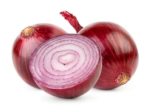 Two red onions and half close up on a white. Isolated. Stock Photos