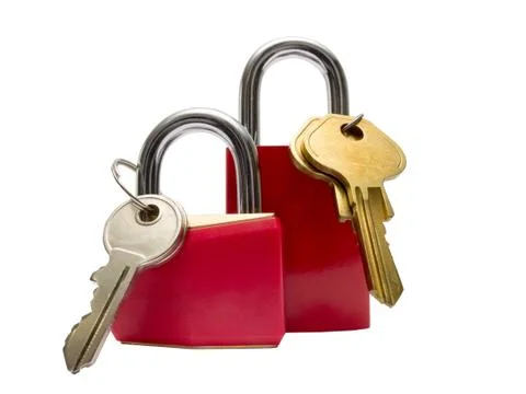 Two red padlocks with keys Foto stock