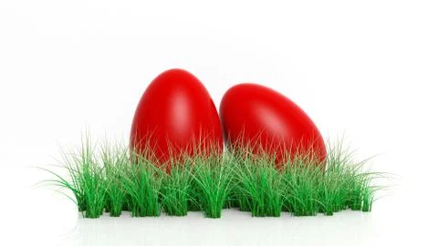Two red painted Easter eggs with green grass isolated Ilustración de archivo