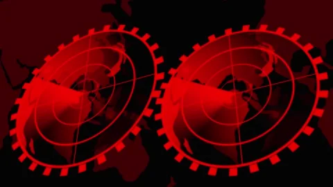 Two Red Radar Screens with World Map Silhouettes Side-by- Side on a animate.. Stock Footage 321626295