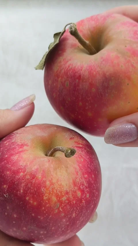 Two red ripe apples in a womans hand. Fruit. Video stock 314976341