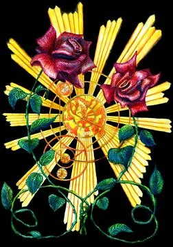 Two red roses on a black background, colored ink drawing. Stock Illustration