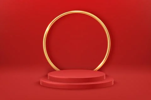 Two red round podiums and golden decor in a shape of circle. Award ceremony c Stock Illustration