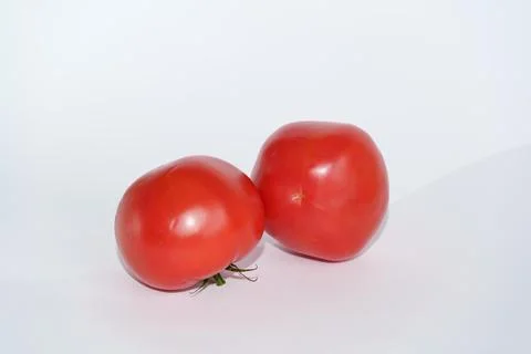 Two red rounded tomatoes with smooth glossy 스톡 사진