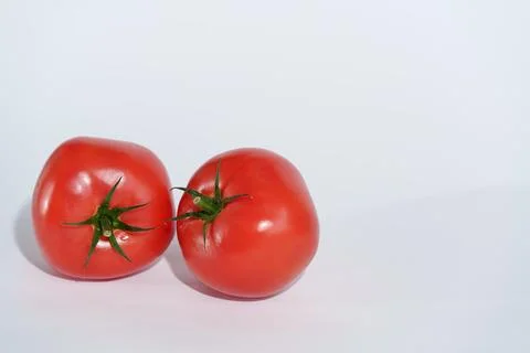 Two red rounded tomatoes with smooth glossy 库存照片