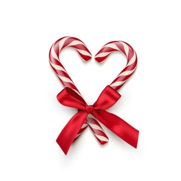 Two red striped candy cane in heart shape with red bow isolated on white Stock Illustration
