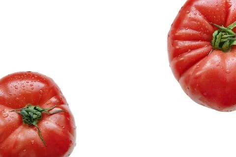 Two red tomatoes on a white isolated background. Green cuttings. Stock Photos