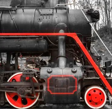 Two red  train wheels of an old  locomotive Stock-Fotos