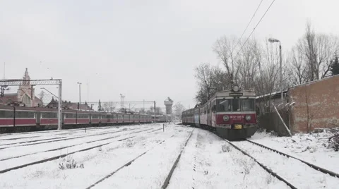 Two Red Trains Passenger Electric Trains Stopped at The Railway Station Stock Footage 59772849