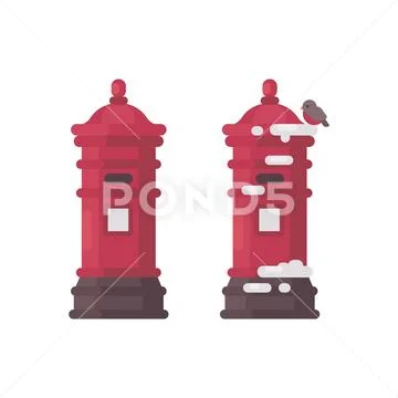 Two red vintage mailboxes with snow. Old postboxes waiting for letters to San Stock Illustration