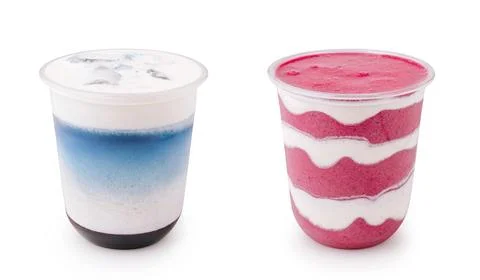 Two refreshing iced summer drinks in cups Stock Photos