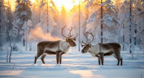 Two reindeer facing each other in a snow-covered forest at sunrise, surrounded Stock Illustration