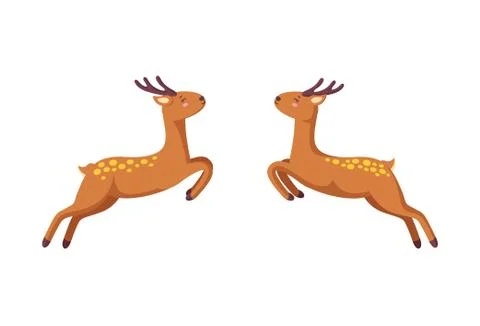 Two reindeers jumping to each other. Woodland deers in cartoon style. Vector Stock Illustration