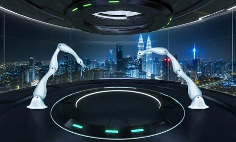 Two rendering assembly robot arm in futuristic lab with large windows and cit Stock Photos