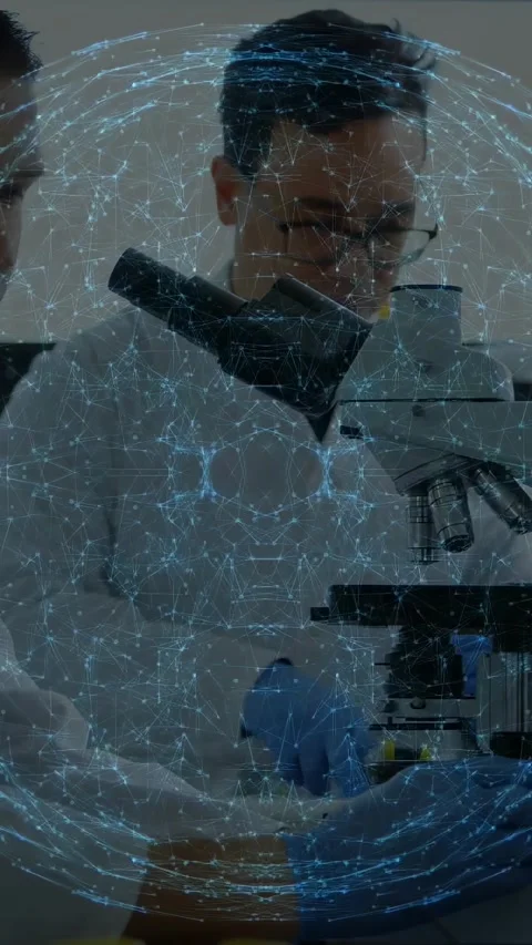Two researchers preparing sample with pipette while data network appearing, Stock Footage 330396018