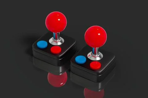 Two retro arcade joystick controllers on glossy black surface Stock Illustration