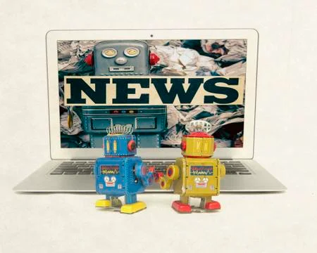 Two retro bobots learn watching fake news Stock Photos