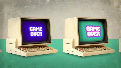 Two Retro Computers Displaying Game Over in Neon Pixel Text Stock Illustration
