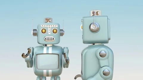 Two retro robots chatting with each other Stock Footage 78084655