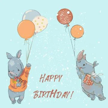 Two rhinos flight with balloons Stock Illustration