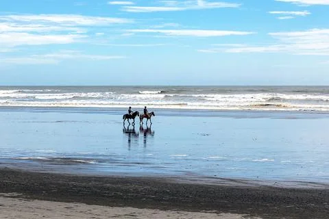 Two riders explore the serene beach on horseback during a sunny day. Stock Photos