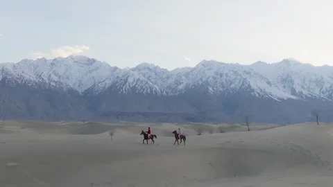 Two Riders on Horseback Traverse a Desert Landscape with Majestic Snow-Capped 스톡 동영상 314454101