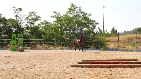 Two riders thread ground pole gaps during training Stock Footage 315259640