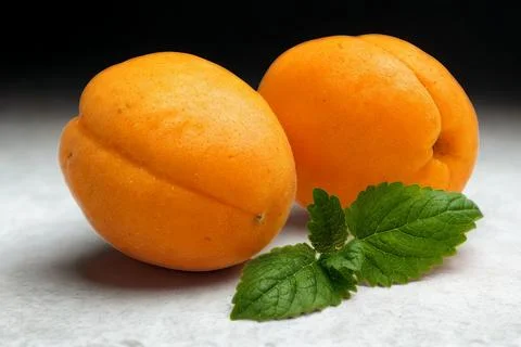 Two ripe apricots with fresh mint leaves on a textured surface Stock Photos