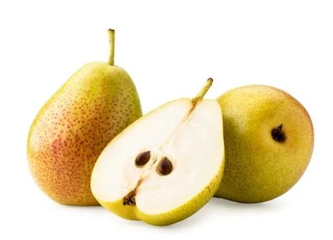 Two ripe pears and half on a white background. Isolated. Stock Photos