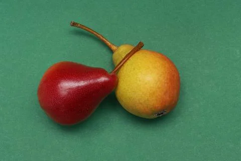 Two ripe pears on a green background. Stock Photos
