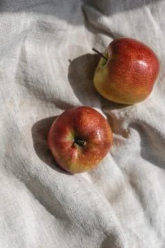 Two ripe red apples on a rustic cloth. Stock Photos
