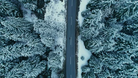 Two road cyclists ride in winter snow mountain Stock Footage 276409253