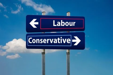 Two road signs representing labour and conservative parties in uk 写真素材