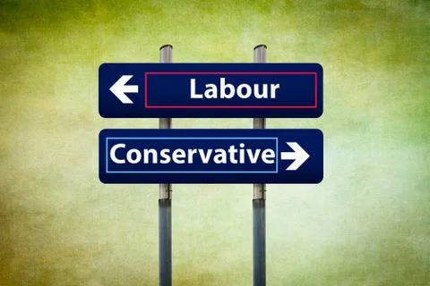 Two road signs representing labour and conservative parties in uk Foto stock