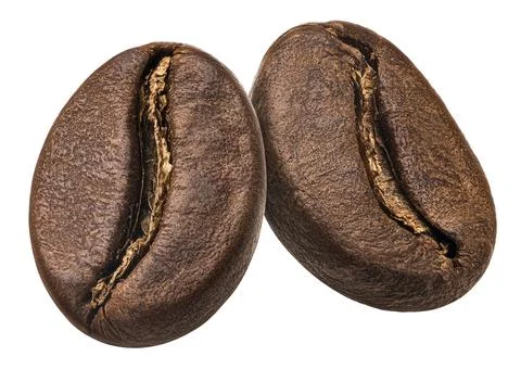 Two roasted coffee beans isolated on white background Foto stock