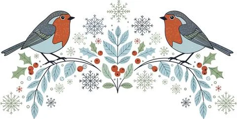 Two Robins perched on festive winter branches with snowflakes and holly. Ch.. Stock Illustration