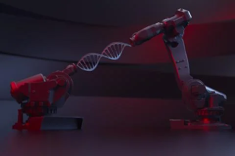 Two robot hands holding DNA model Stock Illustration