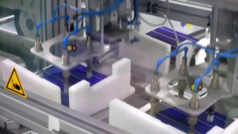 Two Robotic Arms Put Solar Cells On The Conveyor Belt In A Photovoltaic Factory Stock Footage 137260501