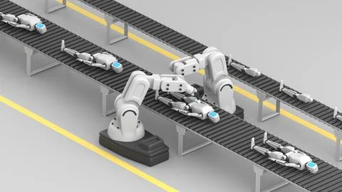 Two robotic hands connecting a leg to a humanoid robot on a conveyor belt Illustrazione stock