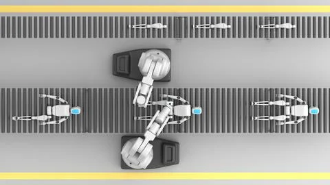 Two robotic hands connecting a leg to a humanoid robot on a conveyor belt Stock-Illustration