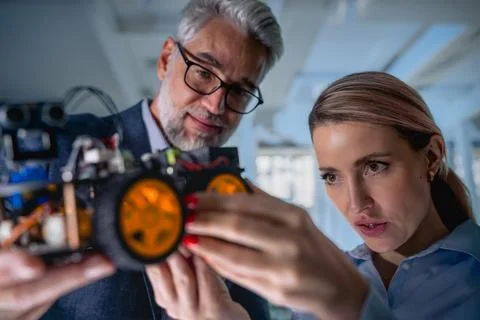 Two robotics engineers working on robotic car prototype for delivery, warehouse Stock Photos