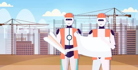Two robots architects in uniform holding blueprints artificial intelligence 스톡 일러스트