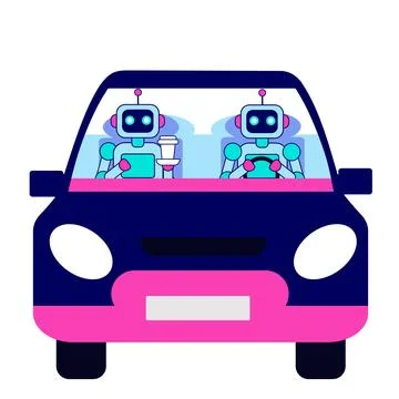 Two robots are driving a car. One robot is holding coffee. Automation concept Stock Illustration