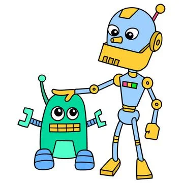 Two robots big and small make friends with each other, doodle icon image kawa Stock Illustration