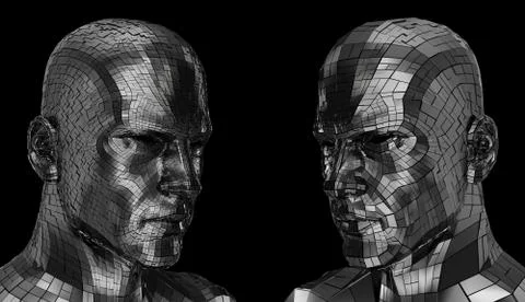 Two Robots face looking sideway through the camera Stock Illustration