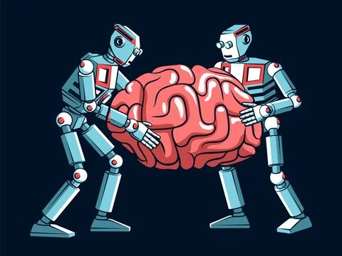 Two Robots Holding Brain - Artificial Intelligence and Machine Learning Concept Illustrazione stock
