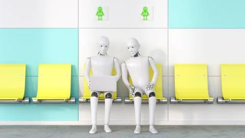 Two robots looking at laptop, 3D Rendering イラスト素材