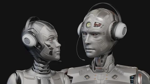 TWO ROBOTS OPERATORS LOOK Stock Footage 257184432
