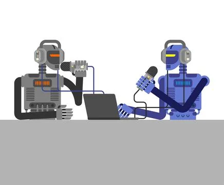 Two robots recording a podcast together, symbolizing artificial intelligenc.. Stock Illustration