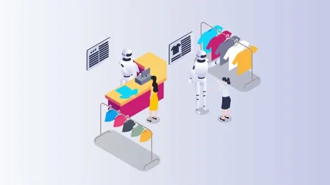 Two robots serving customers in clothing store Video stock 149086580